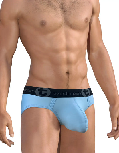 Light blue wildman big boy pouch brief with black elastic waistband and wildman logo for men’s support and comfort