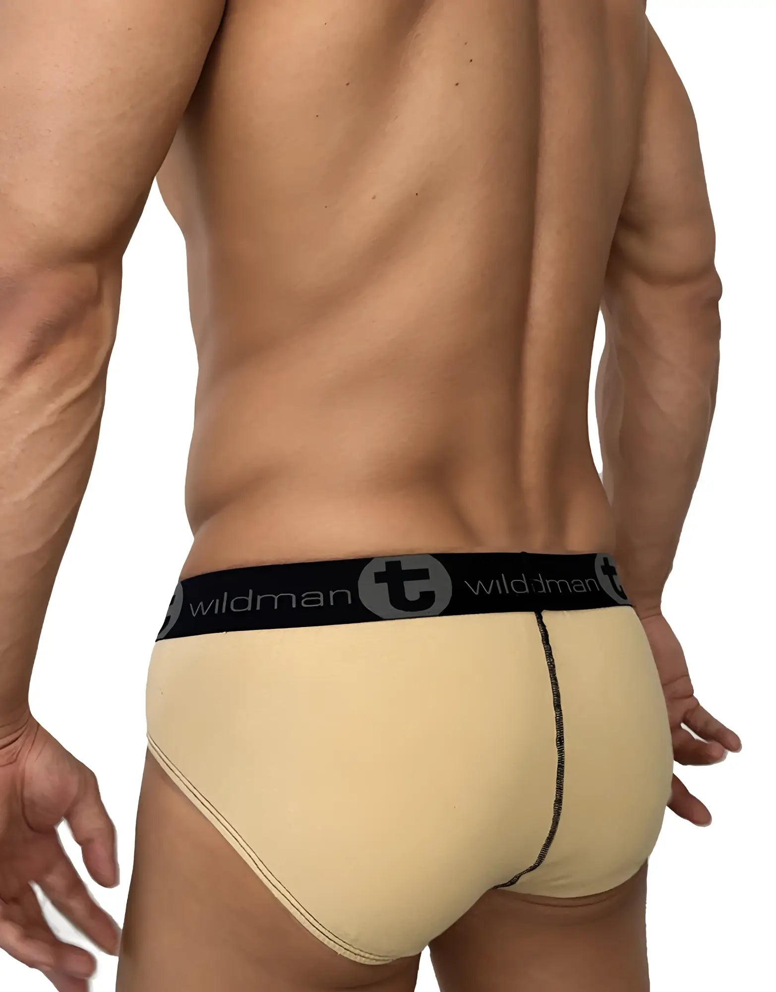 Beige cotton briefs with black elastic waistband featuring wildman logo and stylized t emblem big boy pouch stripe tan