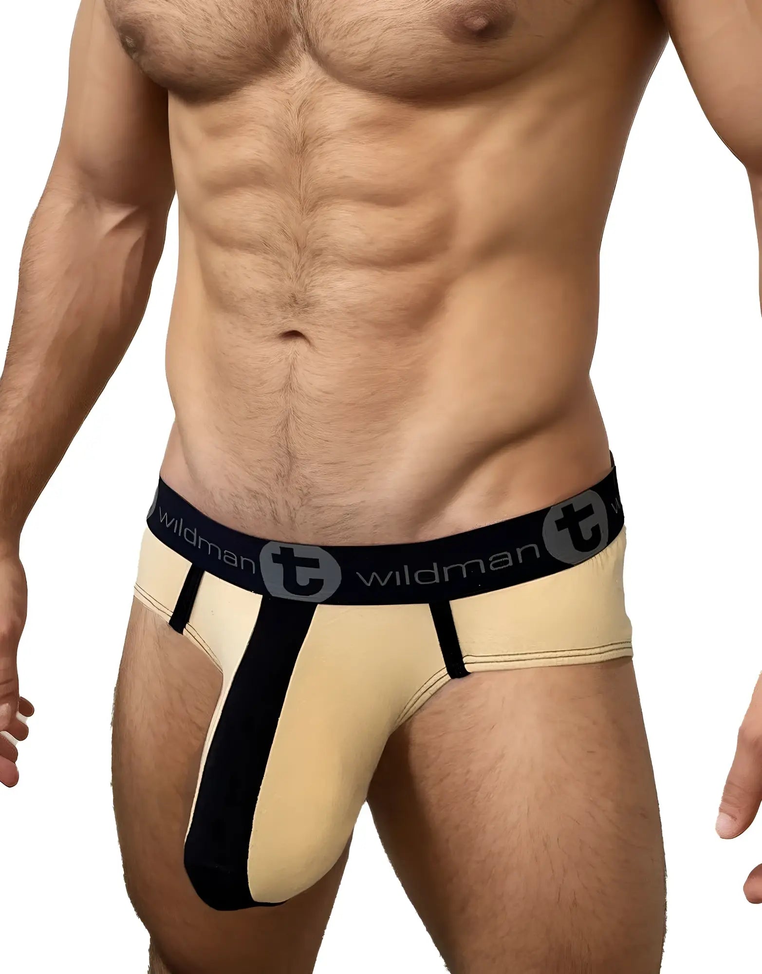 Beige and black wildman big boy pouch cotton briefs with a central black panel and stripe tan design