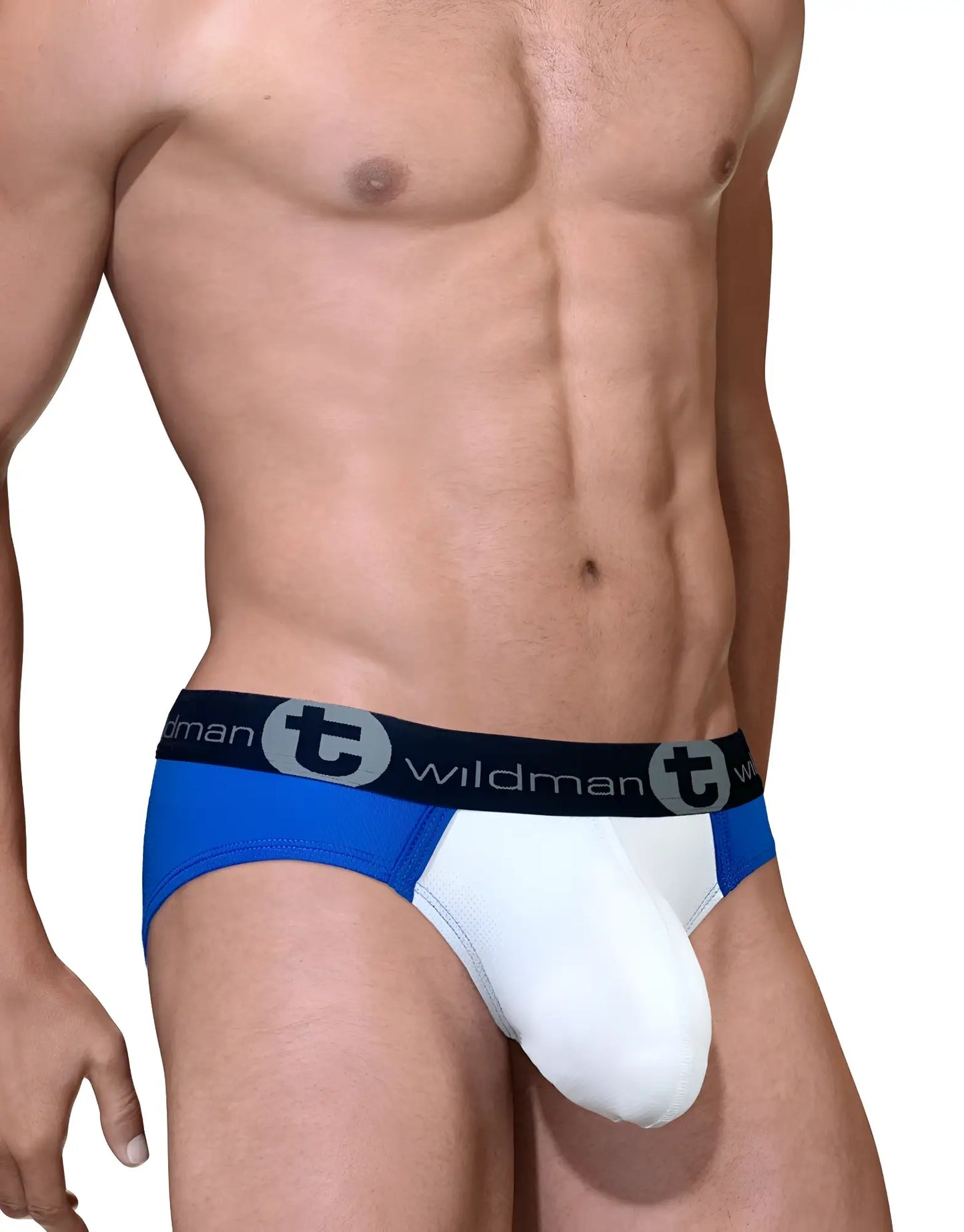 Big boy pouch mesh brief royal blue and white men’s briefs with black wildman waistband made of breathable mesh
