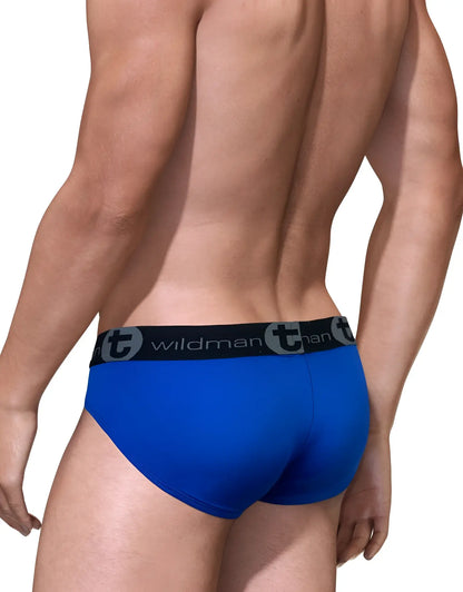 Blue wildman big boy pouch mesh brief royal blue with white mesh and black elastic waistband featuring logo