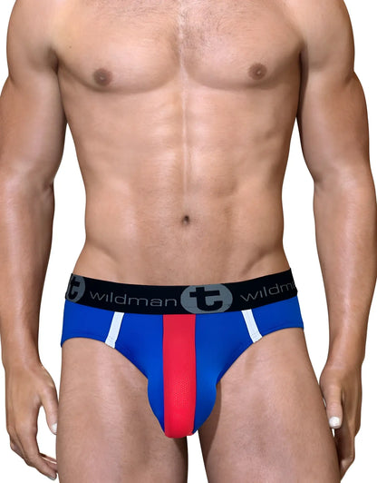 Blue and red big boy pouch mesh brief with white stripes and black wildman waistband in royal red white and blue