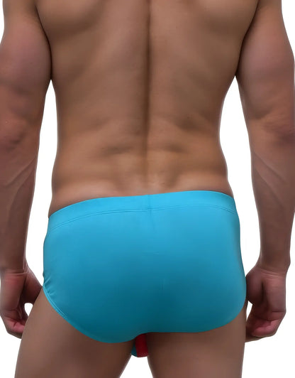 Big boy pouch modal briefs baby blue and pink showing back side with bright turquoise swim trunks and subtle red accent