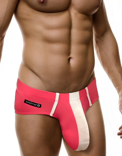 Big boy pouch modal briefs in bright pink and white stripes with a wildman brand label designed for men