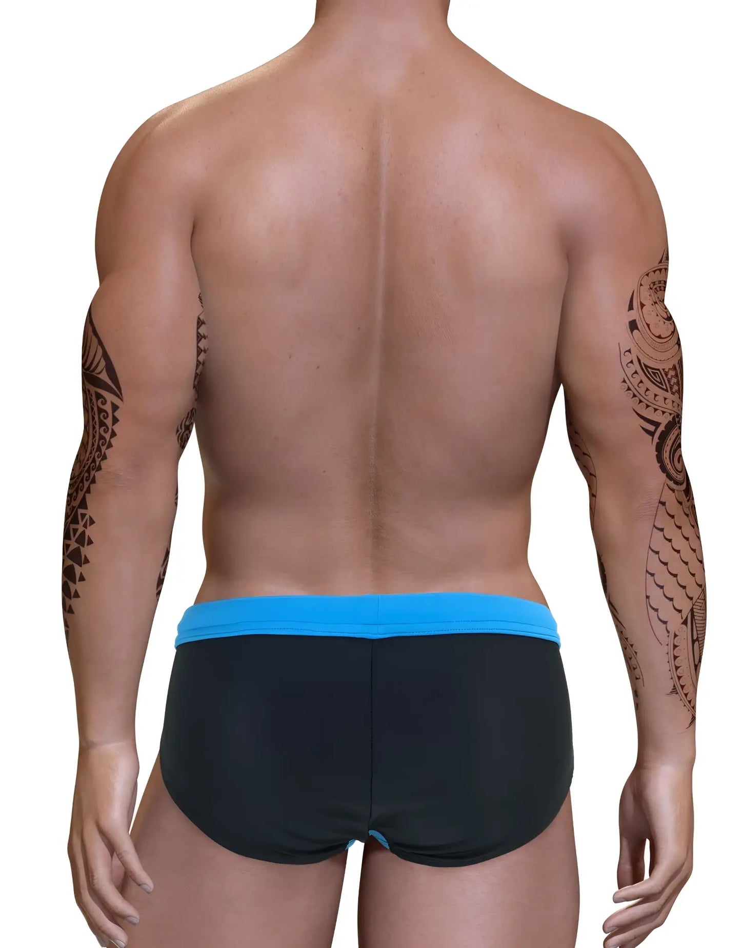 Black big boy pouch swim bikini with bright blue elastic waistband designed for comfortable swimwear use
