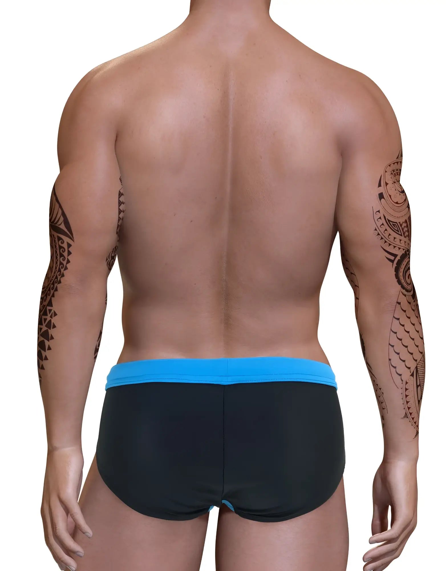Black big boy pouch swim bikini with bright blue elastic waistband designed for comfortable swimwear use