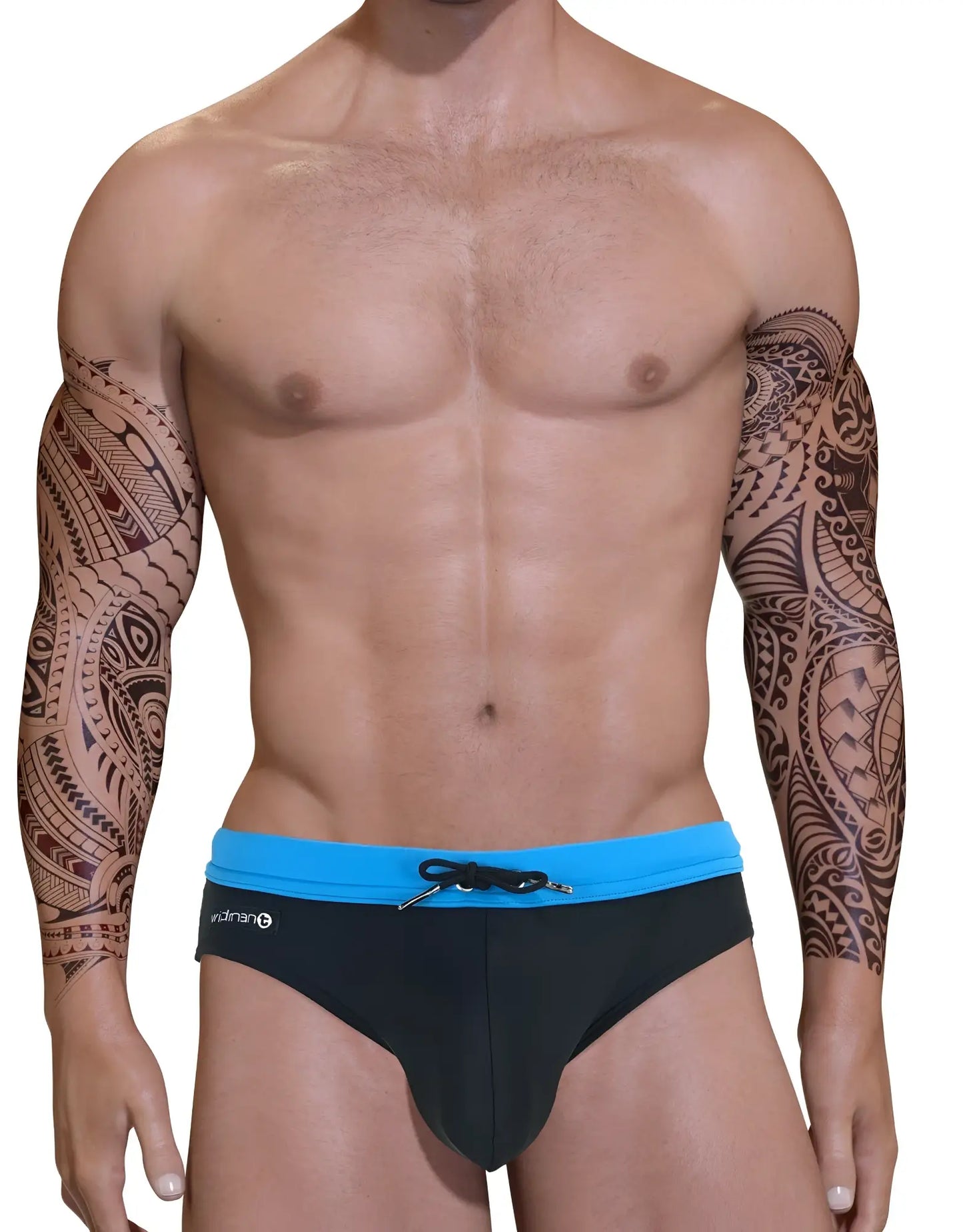 Black big boy pouch swim bikini with bright blue waistband and black drawstring designed for swimming use