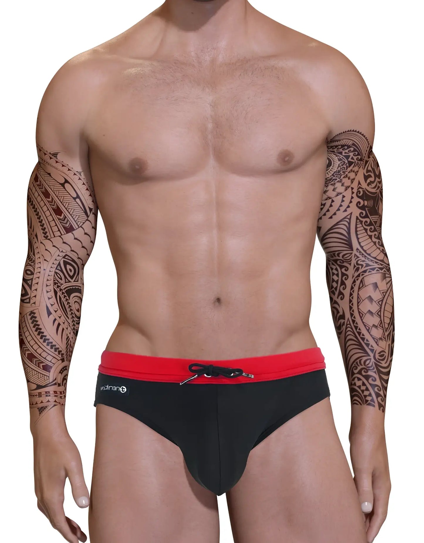 Big boy pouch swim bikini red featuring black swim trunks with a red waistband and black drawstring