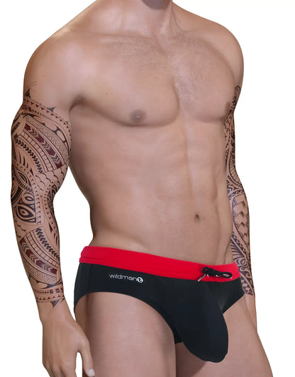 Big boy pouch swim bikini red black swim trunks with red waistband and wildman brand logo for swimming use