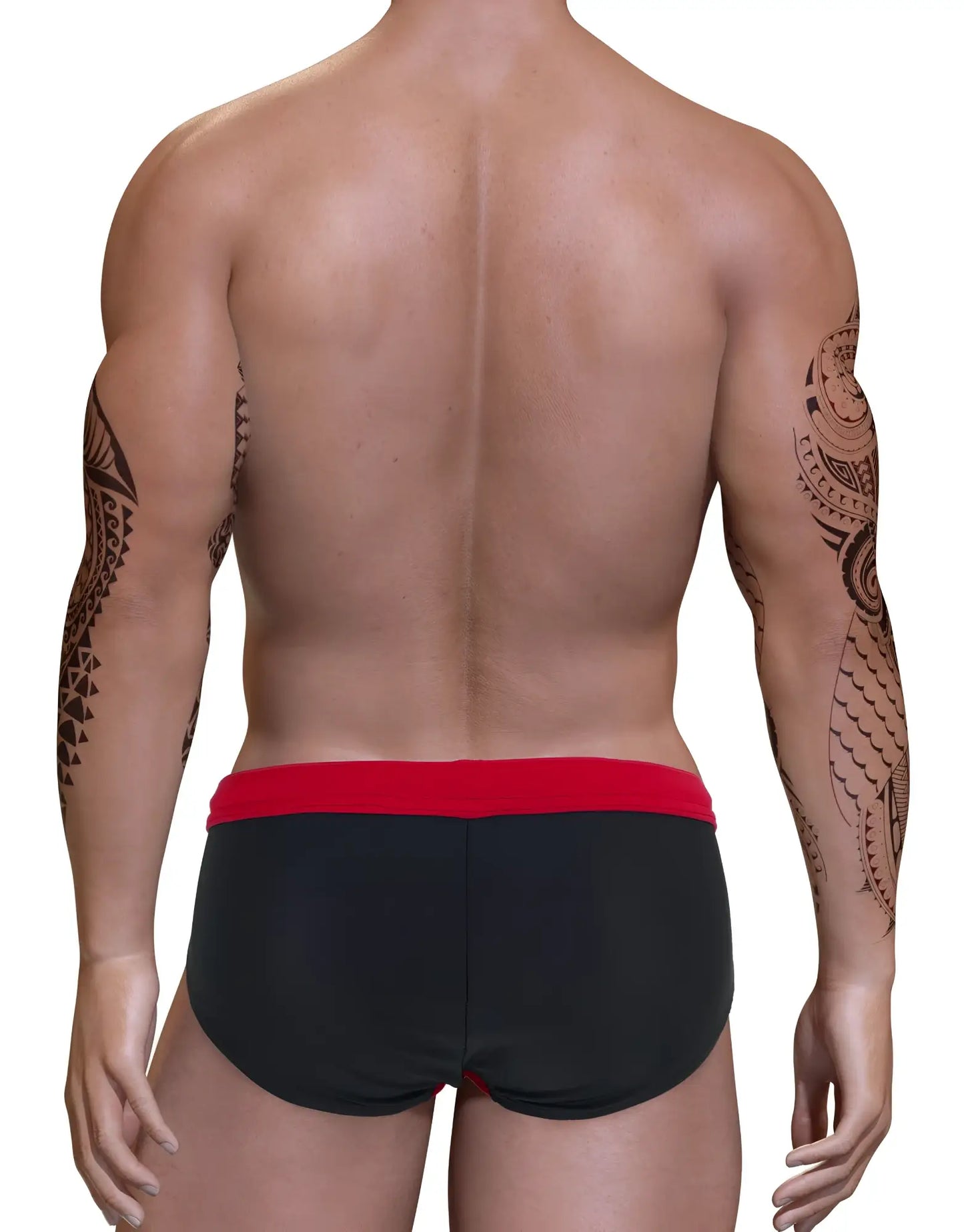 Black swim trunks with red waistband featuring big boy pouch design for swim bikini use