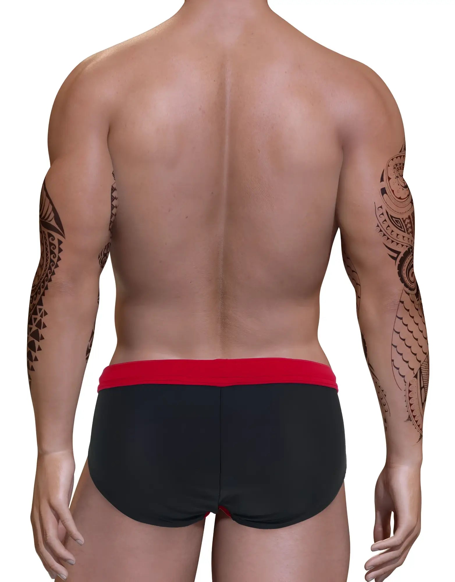 Black swim trunks with red waistband featuring big boy pouch design for swim bikini use