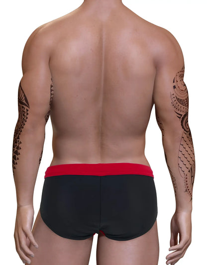 Black swim trunks with red waistband featuring big boy pouch design for swim bikini use