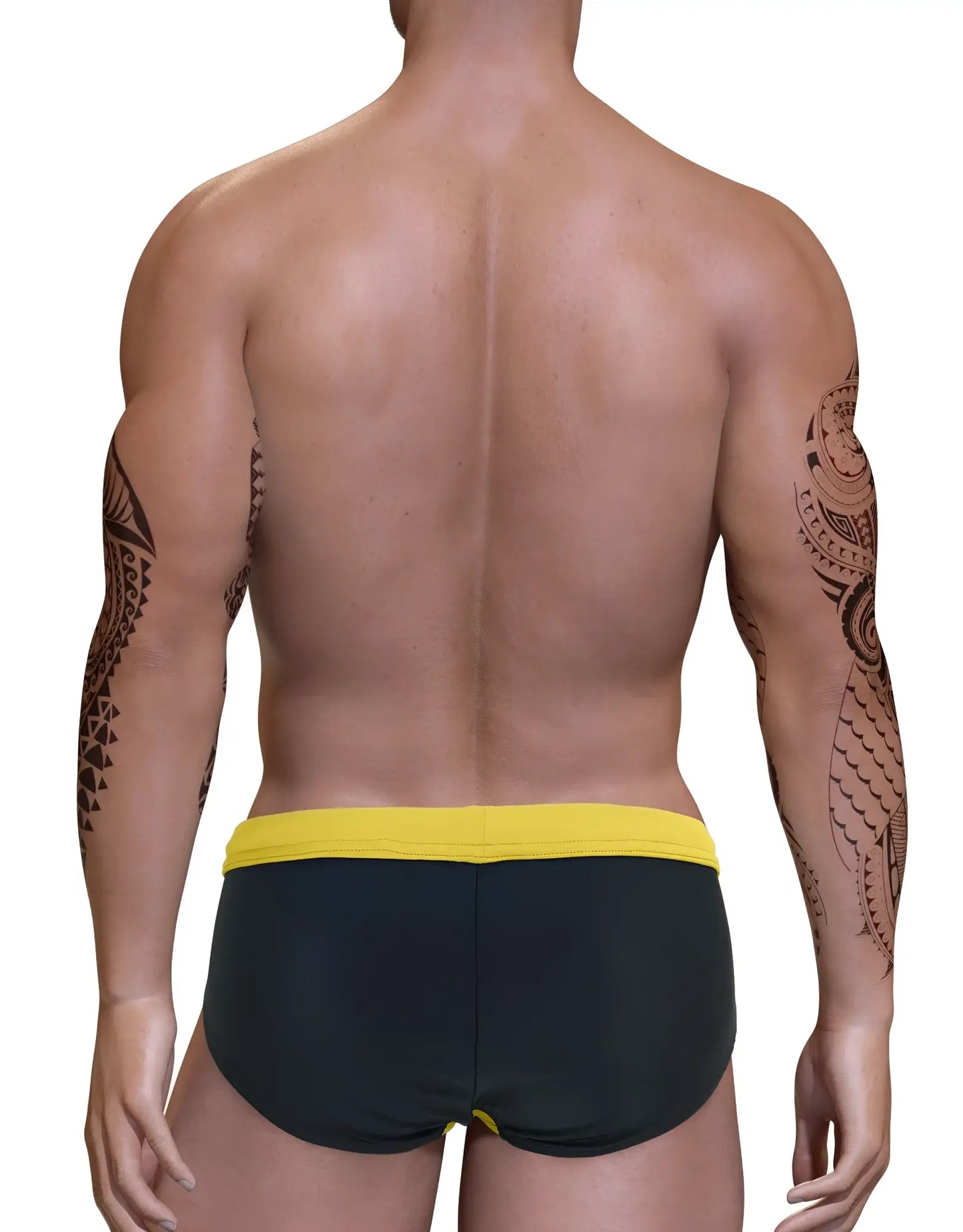 Black swim bikini with bright yellow pouch waistband designed for big boys in a comfortable fit