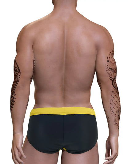 Black swim bikini with bright yellow pouch waistband designed for big boys in a comfortable fit
