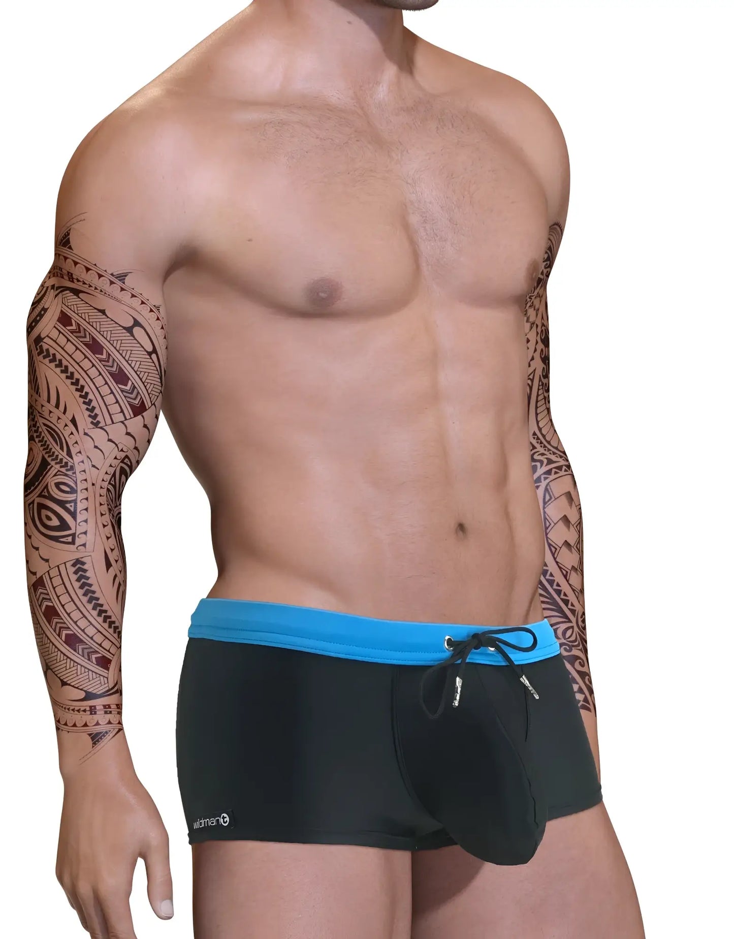 Black swim trunks big boy pouch swim square cut with bright blue waistband and admirer logo on the side