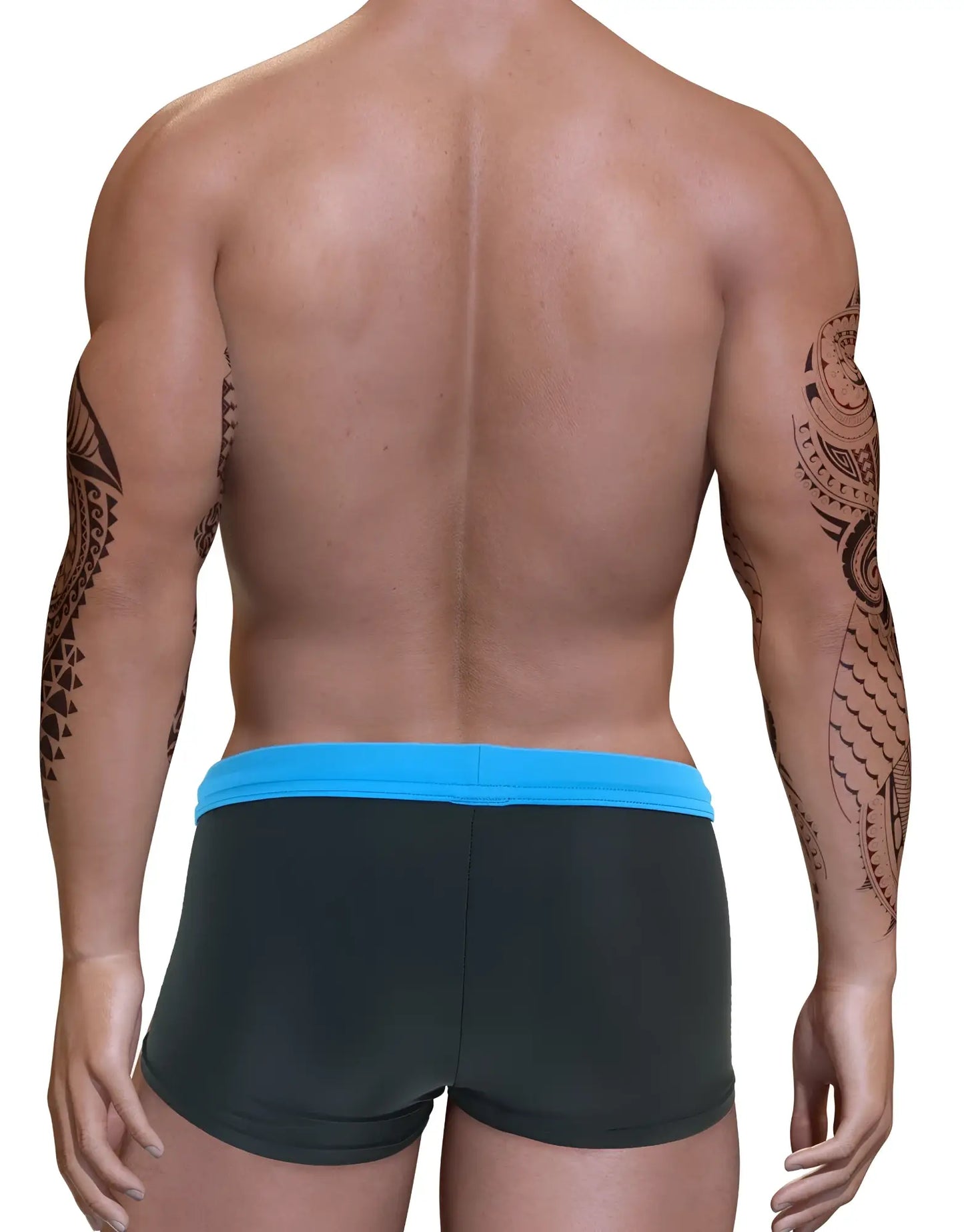 Black big boy pouch swim square cut trunks with bright blue elastic waistband for swimming and beachwear