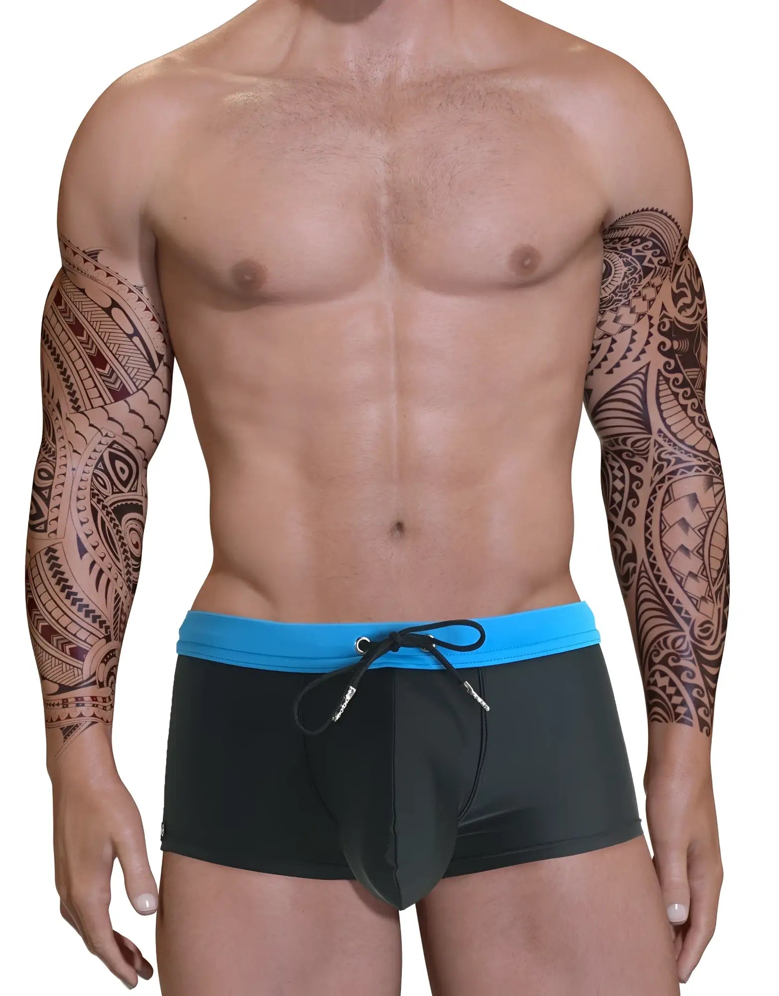 Black big boy pouch swim square cut trunks with bright blue waistband and adjustable drawstring for swimming