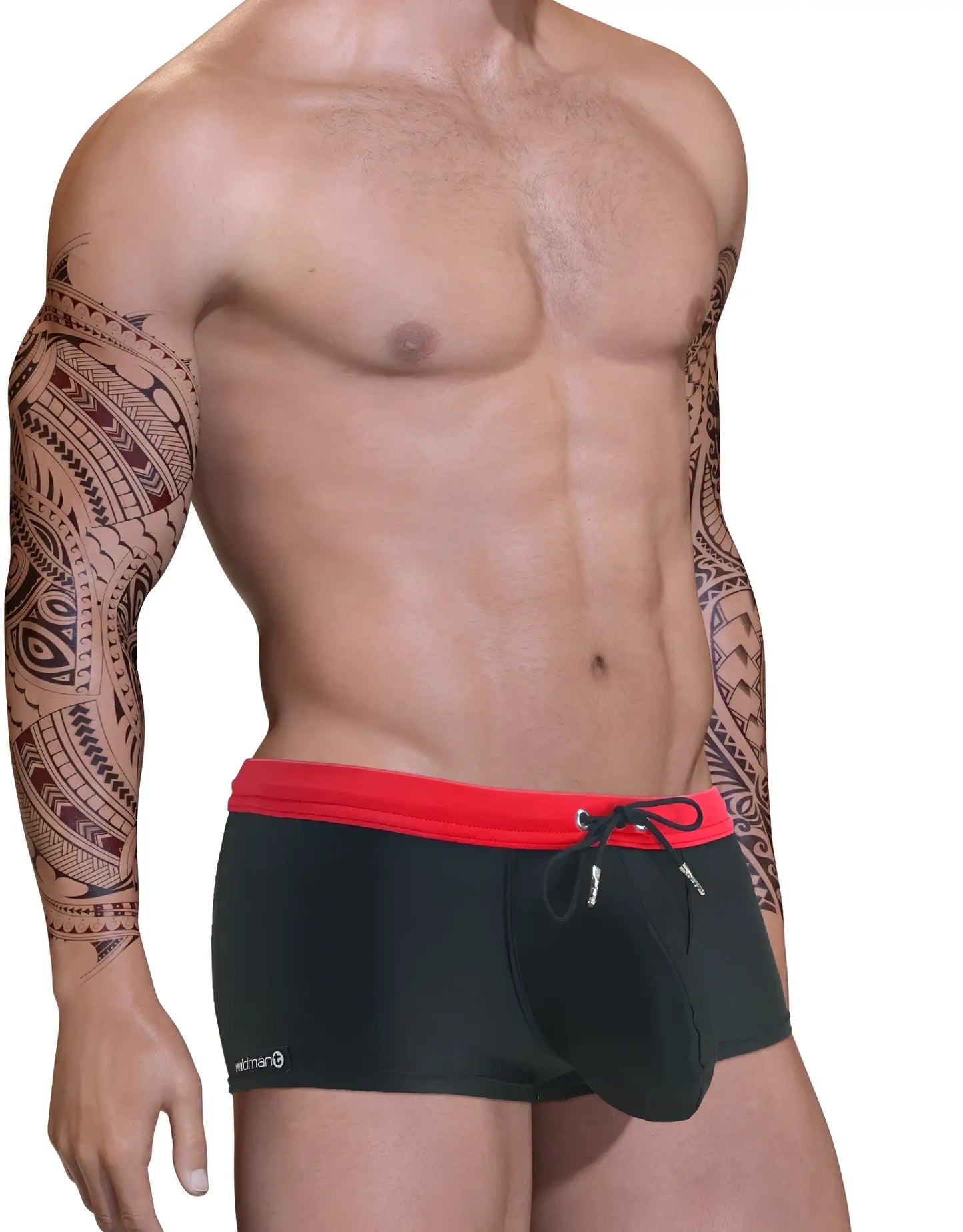 Big boy pouch swim square cut swim trunks with black fabric and red waistband and drawstring for boys