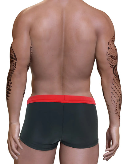 Black big boy pouch swim square cut briefs with vibrant red elastic waistband for swimming use