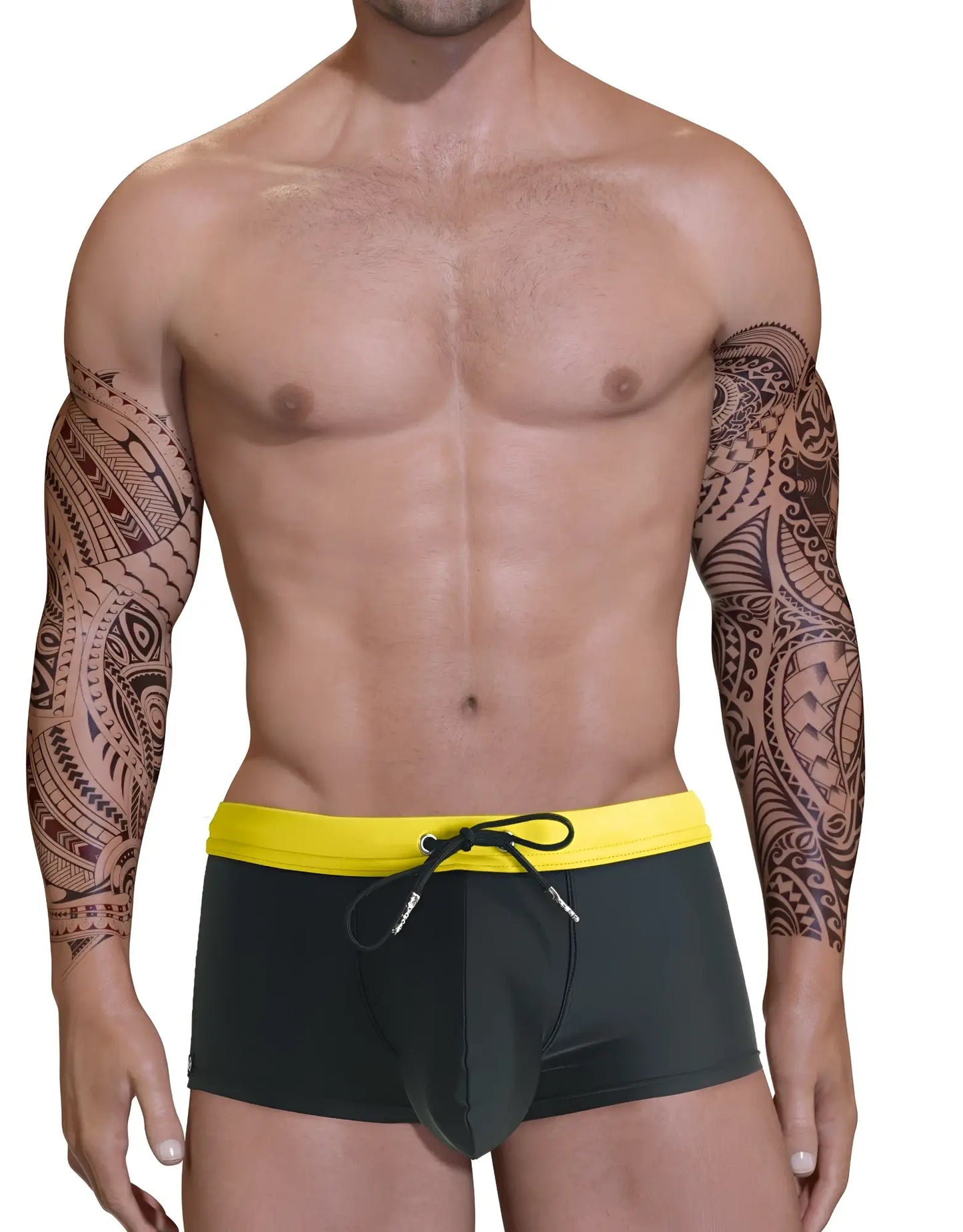 Black big boy pouch swim square cut trunks with bright yellow waistband and black drawstring for swimming
