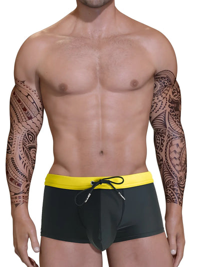 Black big boy pouch swim square cut trunks with bright yellow waistband and black drawstring for swimming