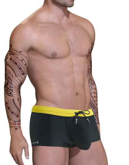 Black big boy pouch swim square cut trunks with bright yellow waistband and black drawstring for swimming