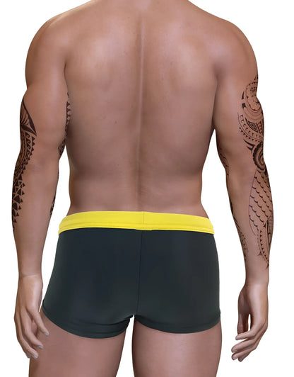 Black big boy pouch swim square cut trunks with bright yellow waistband for comfortable swimming use