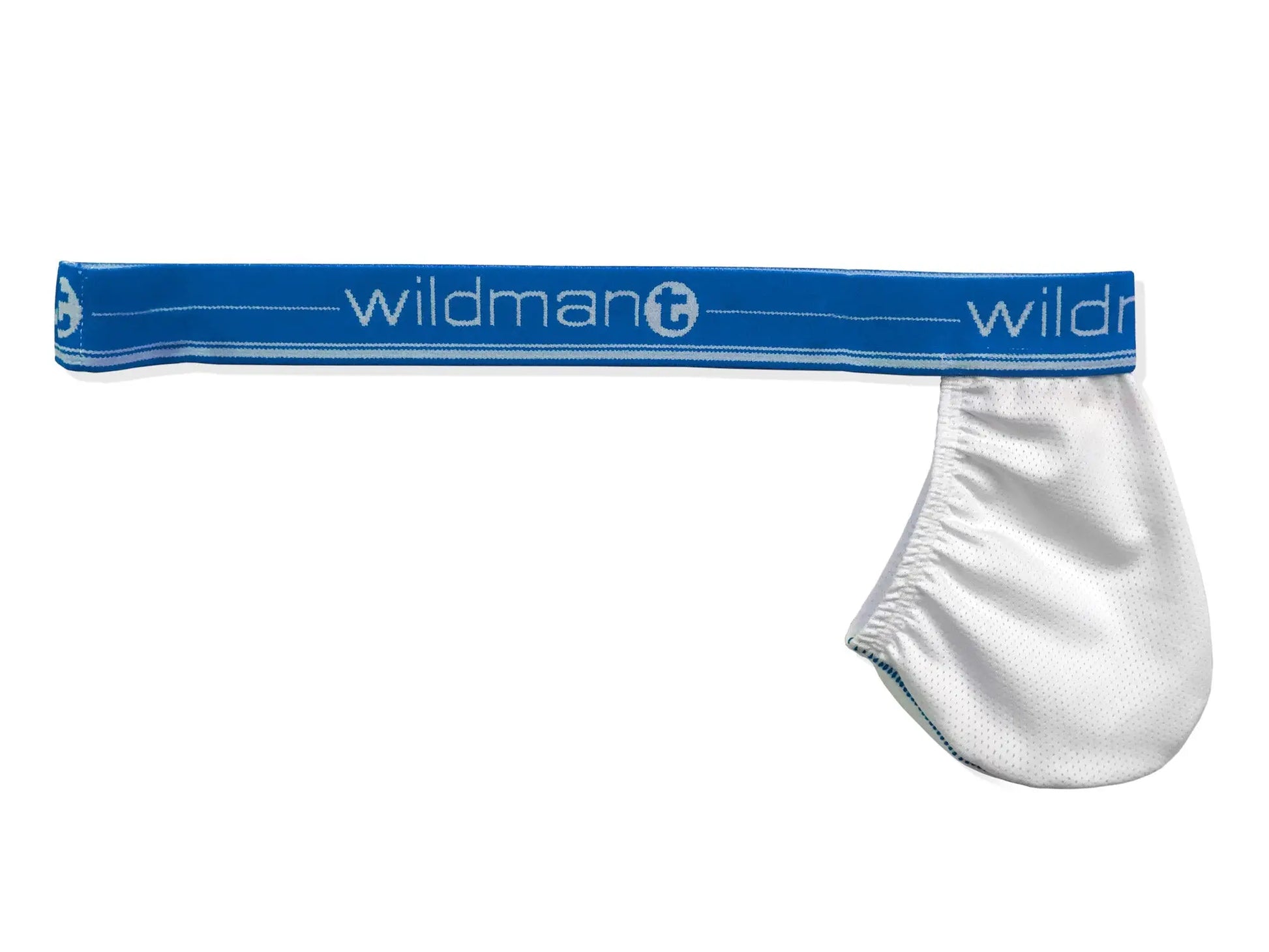 White satin brief with blue elastic waistband featuring wildman branding from big boy strapless pouch white mesh w blue band