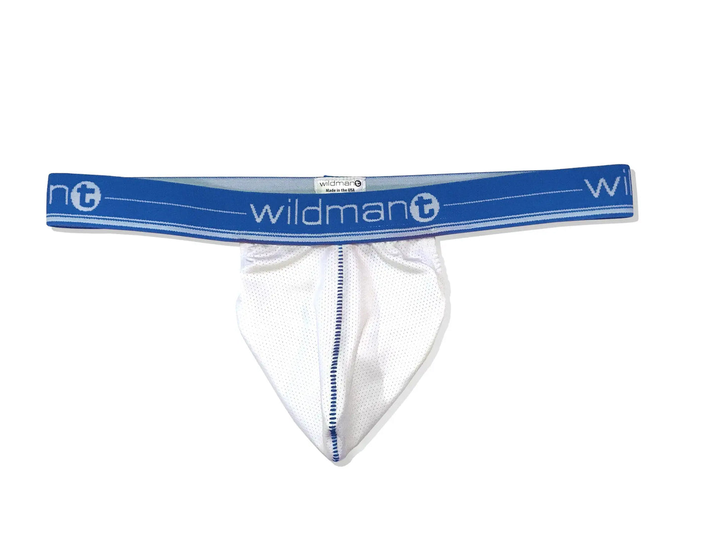White mesh thong with blue elastic waistband featuring wildman logo in white on the big boy strapless pouch product