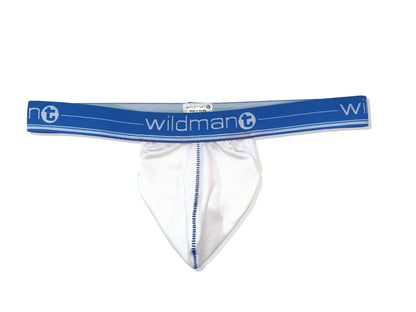 White mesh thong with blue elastic waistband featuring wildman logo in white on the big boy strapless pouch product