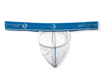 Big boy strapless pouch white mesh thong with blue elastic waistband and wildman brand logo visible on front