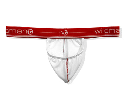 White athletic brief with red waistband and wildman logo featuring mesh material and detailed stitching in big boy strapless pouch design