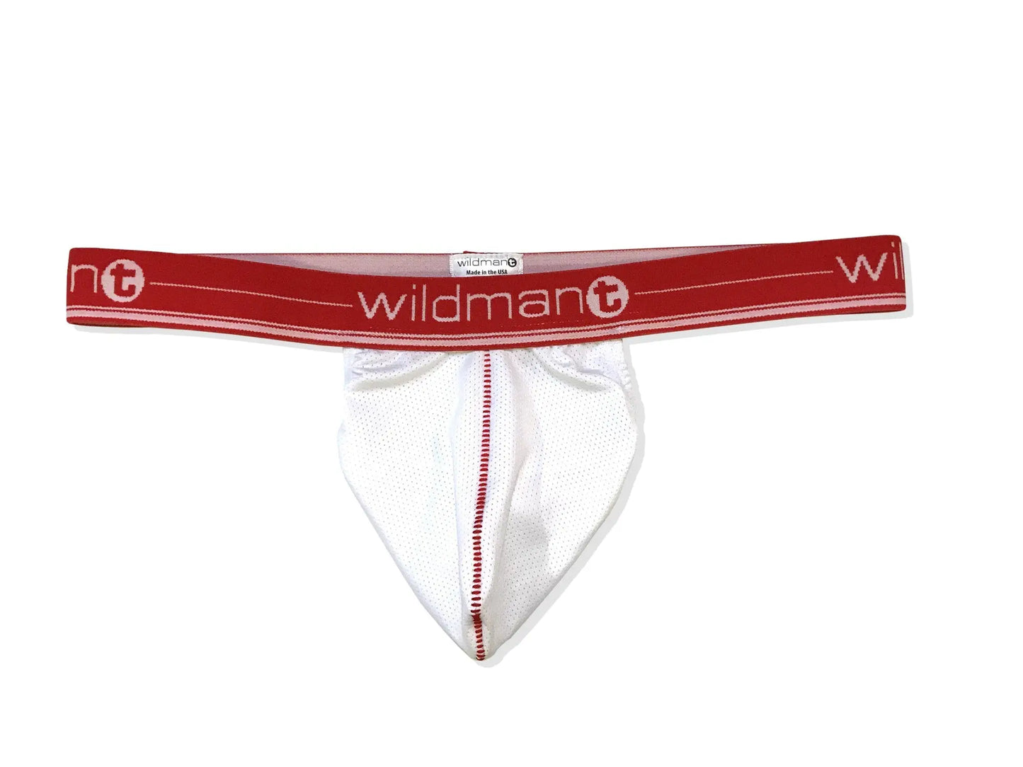 White mesh thong with red elastic waistband and wildman logo from the Big Boy Strapless Pouch collection