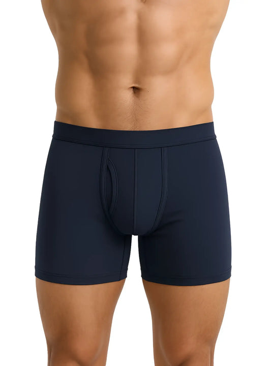 Navy blue big mans cotton boxer briefs with contoured pouch and elastic waistband for comfortable support