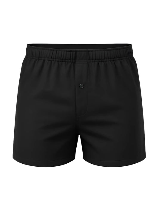 Black cotton knit boxer shorts with button closure and elastic waistband in a big mans 2-pack set