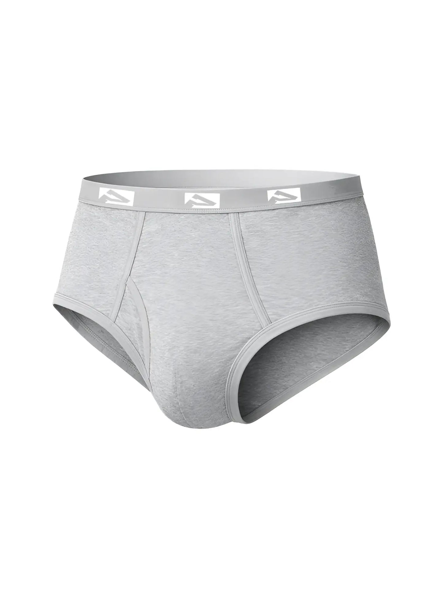 Gray heathered cotton big mans fly front briefs with matching elastic waistband and white logo trim