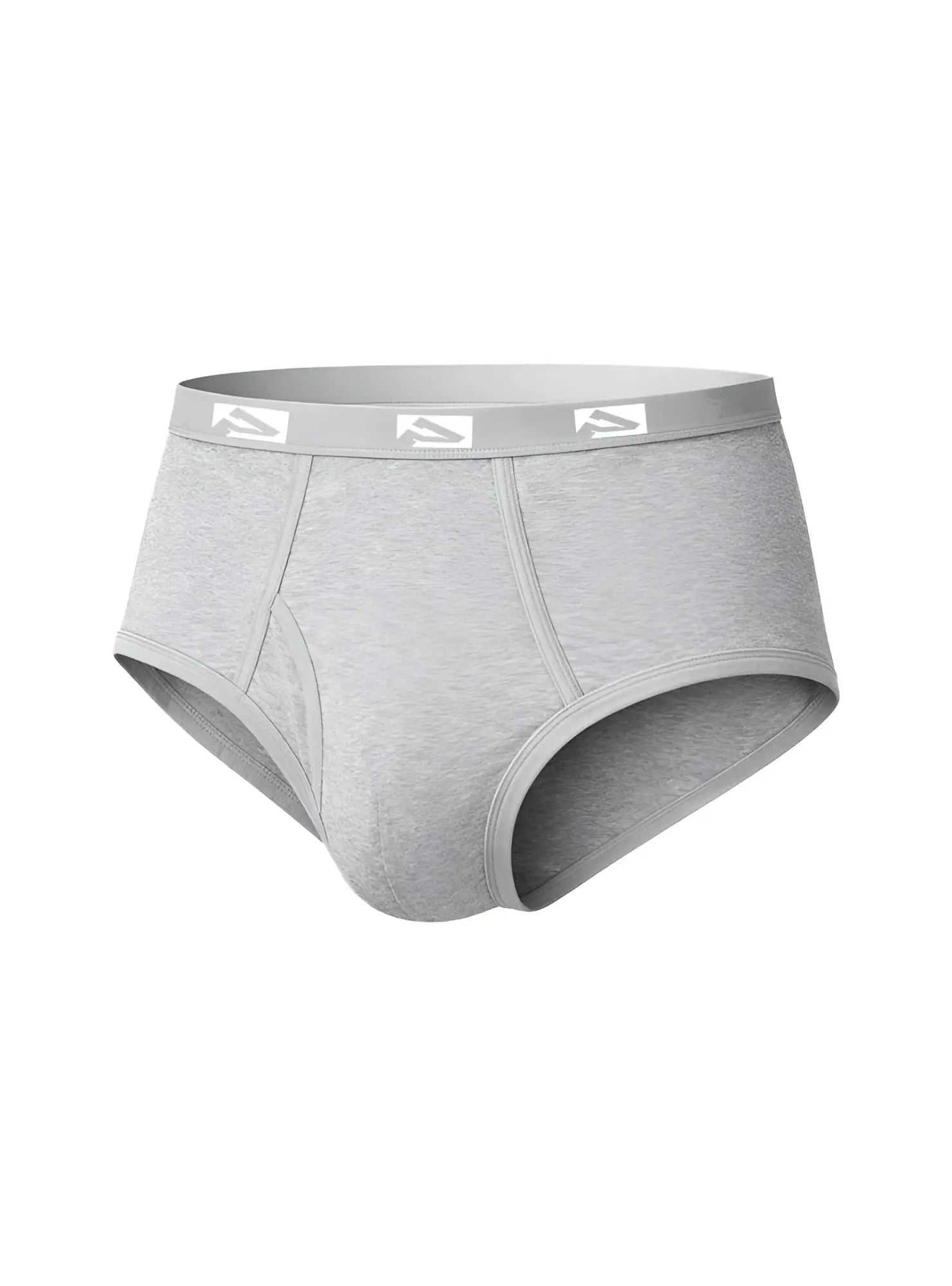 Gray heathered cotton big mans fly front briefs with matching elastic waistband and white logo trim