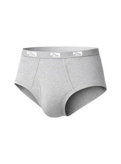 Gray heathered cotton big mans fly front briefs with matching elastic waistband and white logo trim