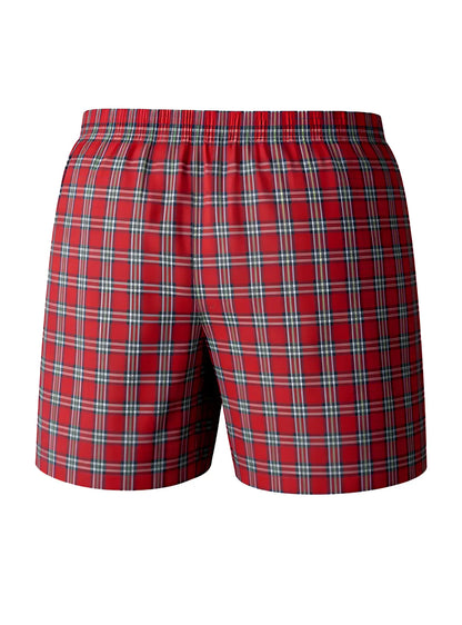 Red plaid big mans woven boxer shorts with elastic waistband and thin white and dark blue intersecting lines in broadcloth