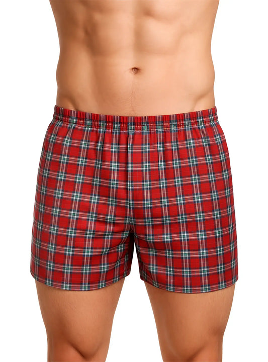 Big mans woven boxer broadcloth 2 pack red plaid with green and white lines and elastic waistband