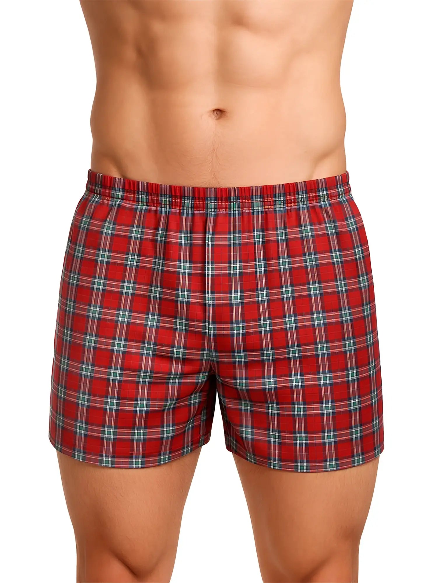 Big mans woven boxer broadcloth 2 pack red plaid with elastic waistband and green and white intersecting lines