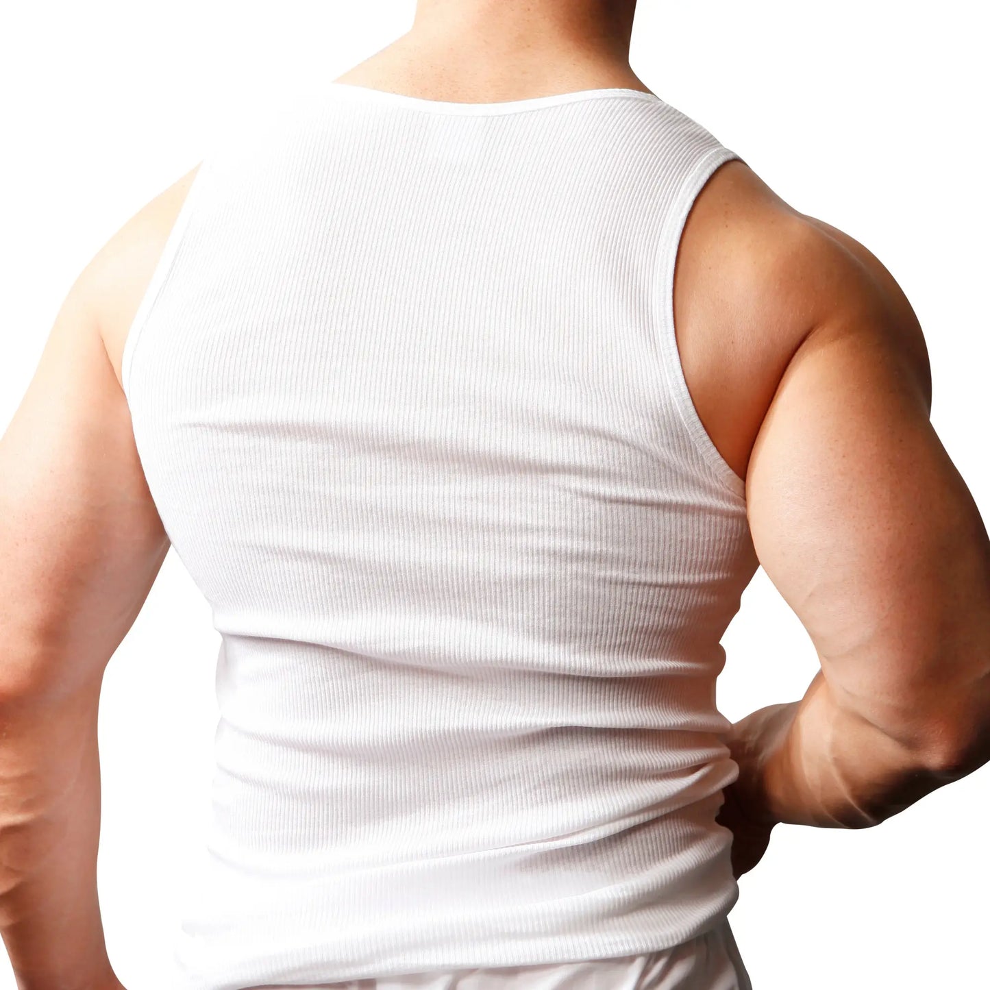 White ribbed cotton tank top for big and tall men shown from the front in a 2-pack set