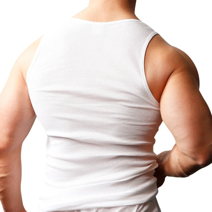 White ribbed cotton tank top for big and tall men shown from the front in a 2-pack set