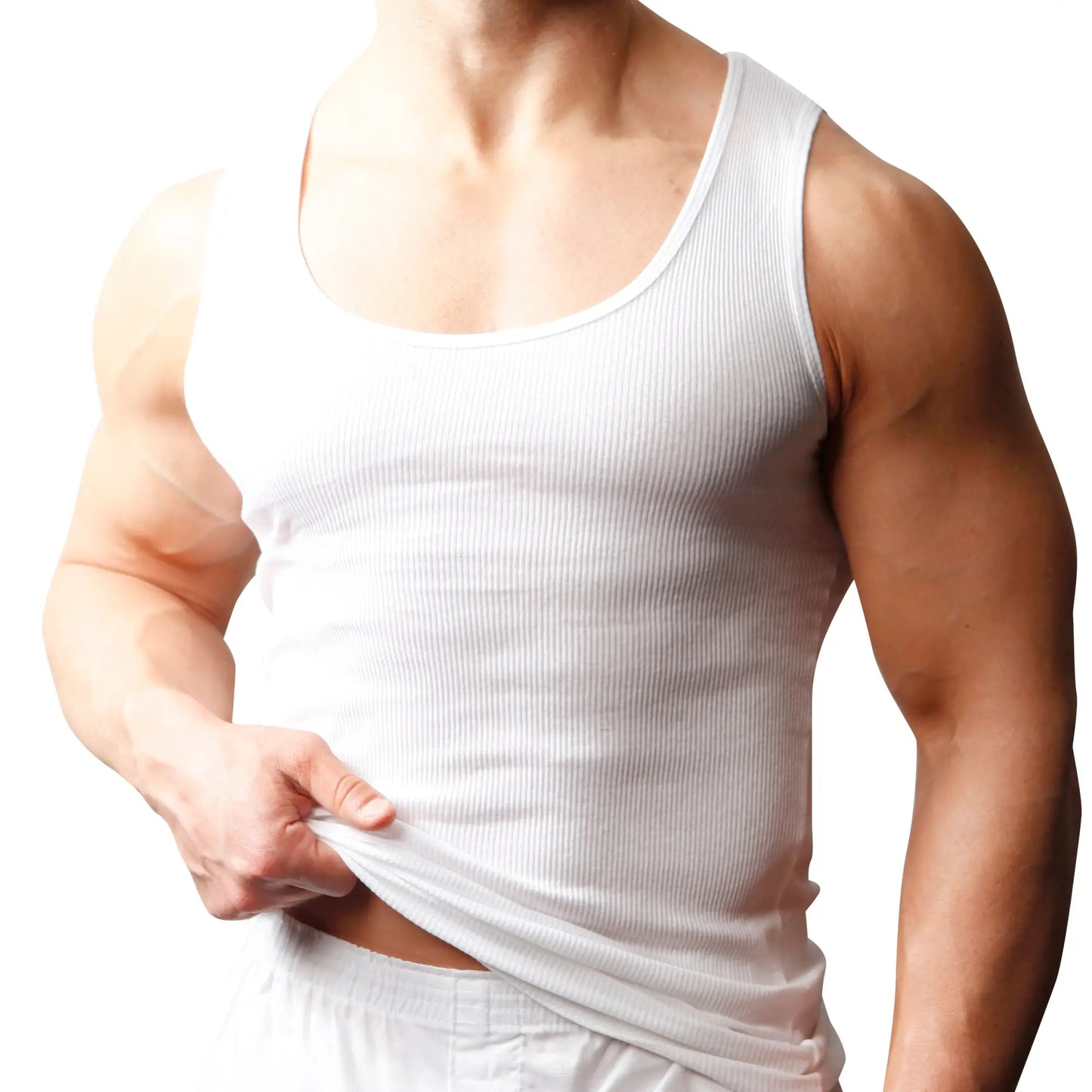 White ribbed cotton tank top with scoop neckline from big and tall mans 2-pack cotton tank top set