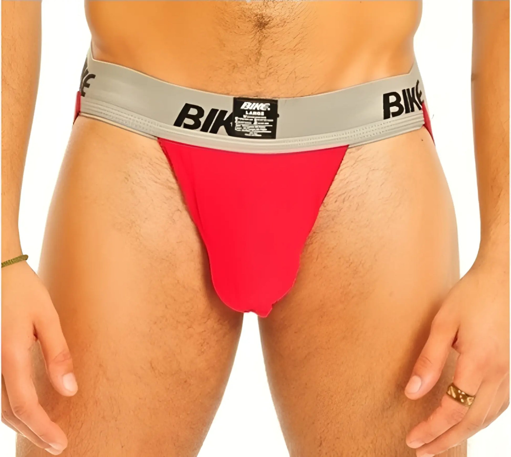 Red bike 2 inch performance cotton jockstrap underwear with gray waistband black lettering and logo patch size L