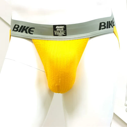 Bright yellow cotton Bike 2 inch performance supporter jock strap underwear with gray waistband size L