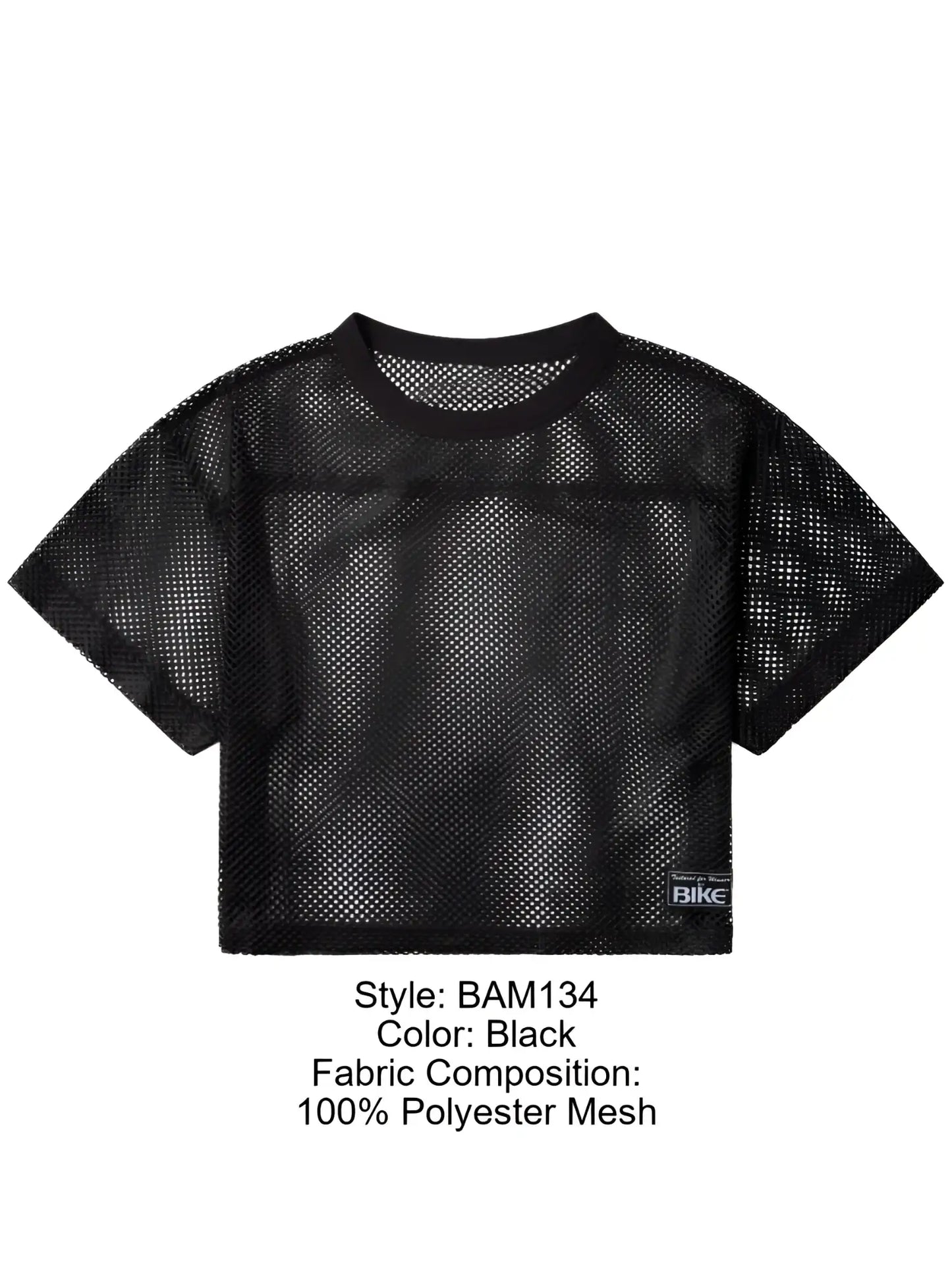 Black cropped mesh top with round neckline short sleeves made of 100 percent polyester for athletic practice