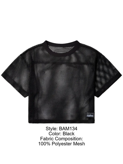 Black cropped mesh top with round neckline short sleeves made of 100 percent polyester for athletic practice