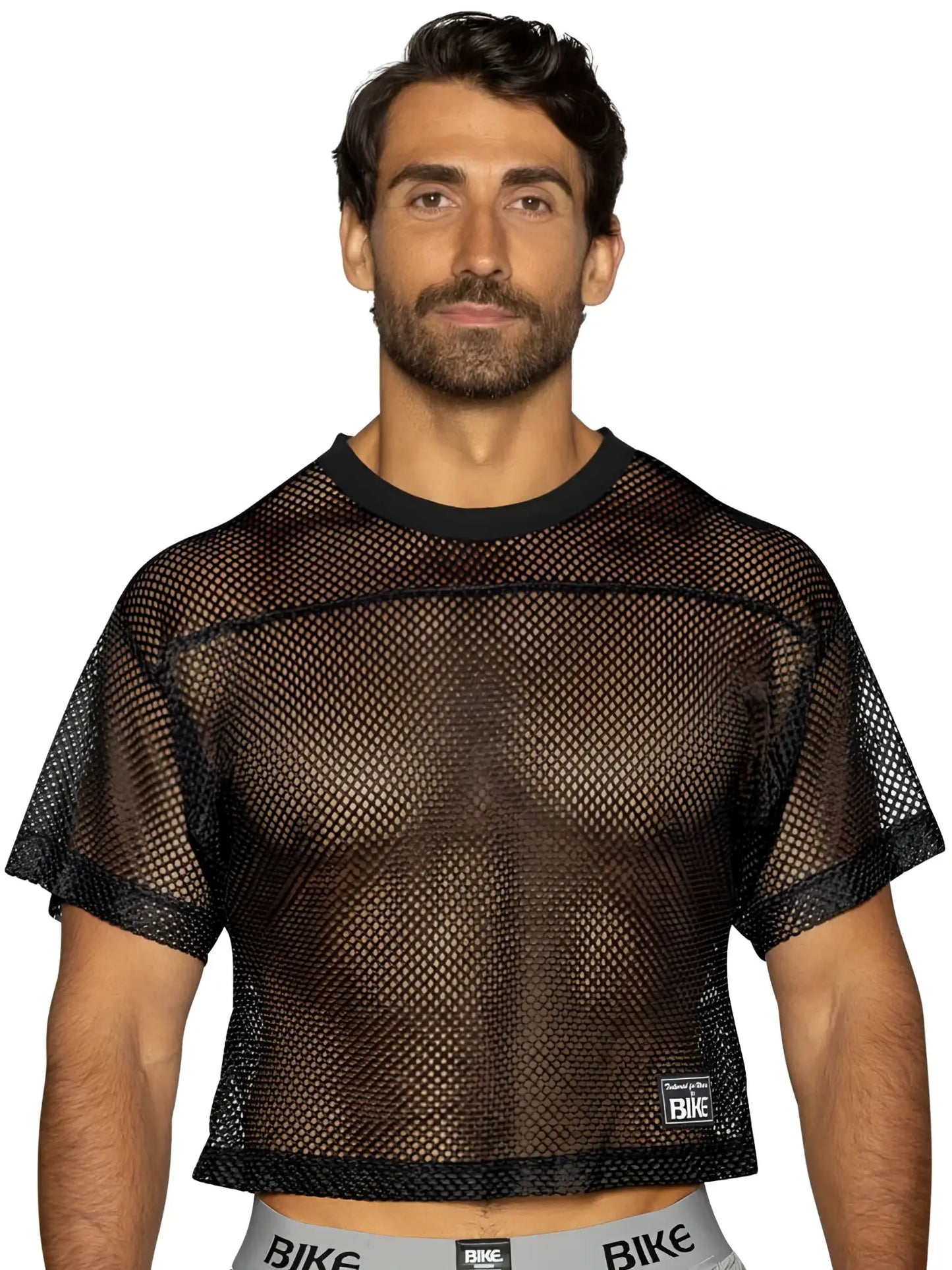 Black mesh crop top bike athletic BAM134 practice jersey with ribbed neckline hem and logo on lower right side