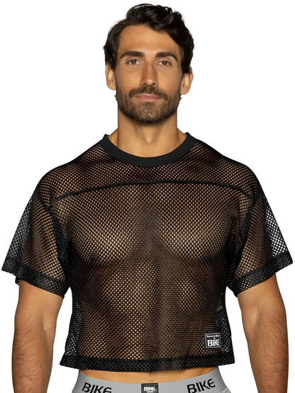 Black mesh crop top bike athletic BAM134 practice jersey with ribbed neckline hem and logo on lower right side